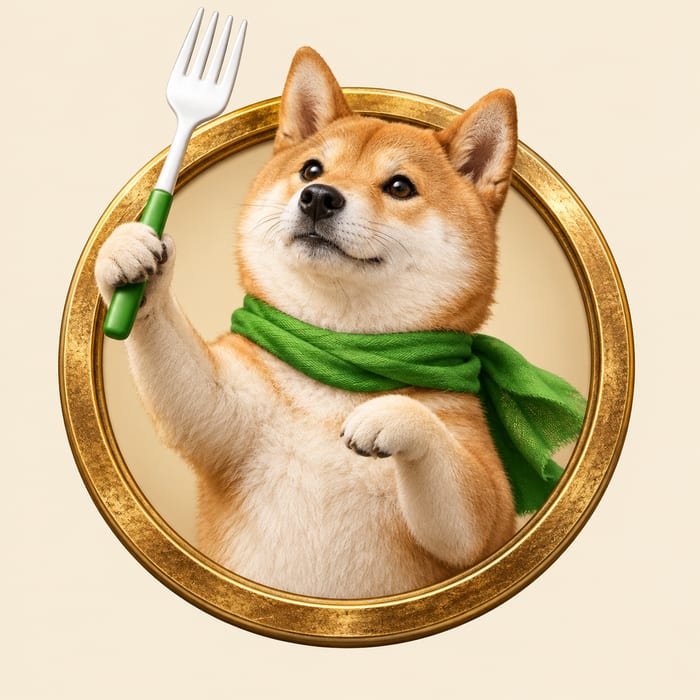 Baton Appétit logo showing a tan and cream Shiba Inu wearing a green scarf and holding an oversized fork.