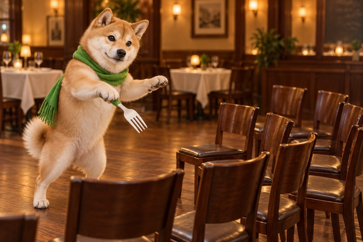 Baton Appétit holds an oversized white fork with a green handle in its front paws, looking attentive and ready to conduct dinner.