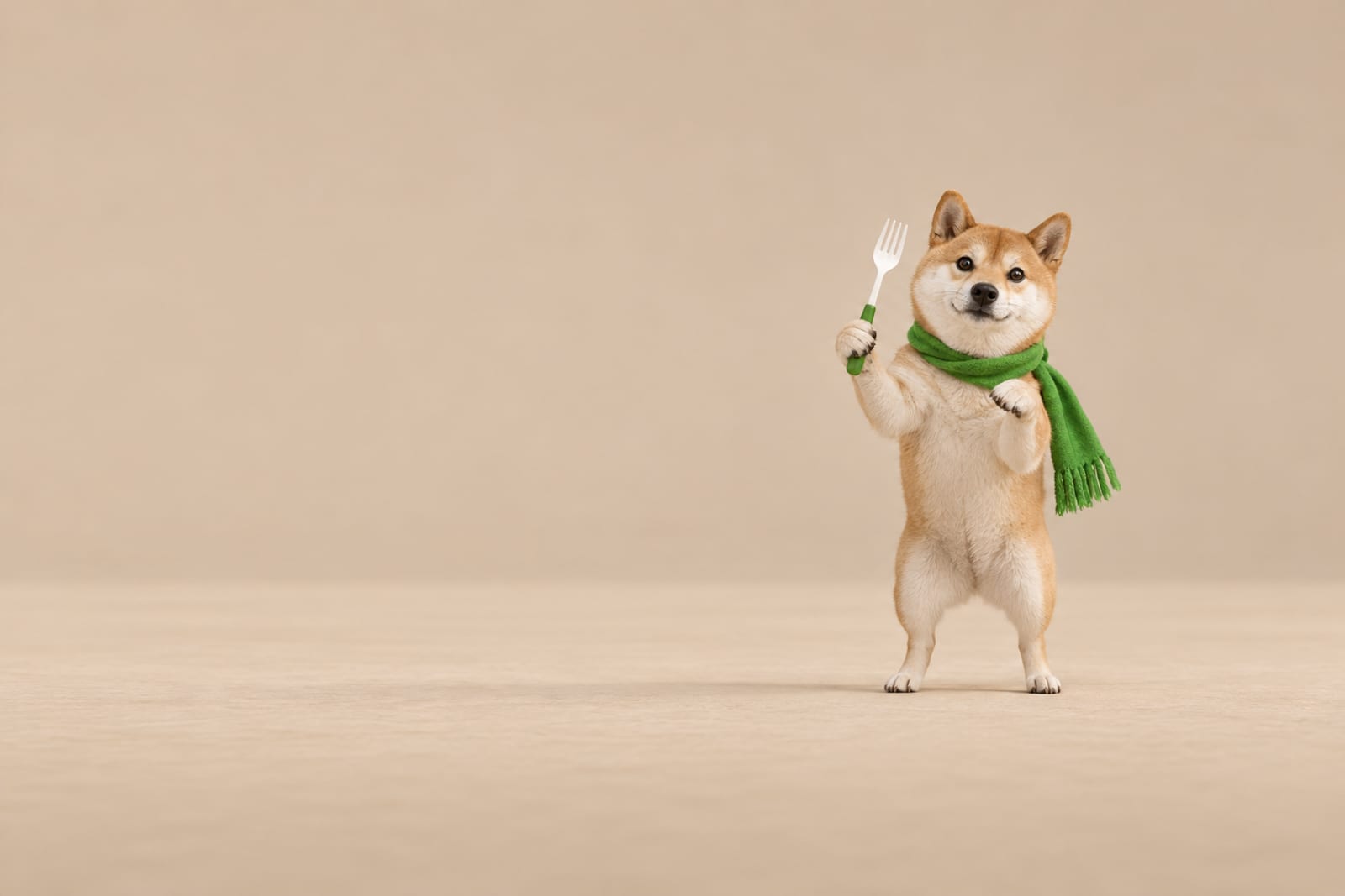 Baton Appétit, a realistic tan and cream Shiba Inu with natural fur and a bright green scarf, holds an oversized white fork with a green handle like a conductor against a pale beige background.